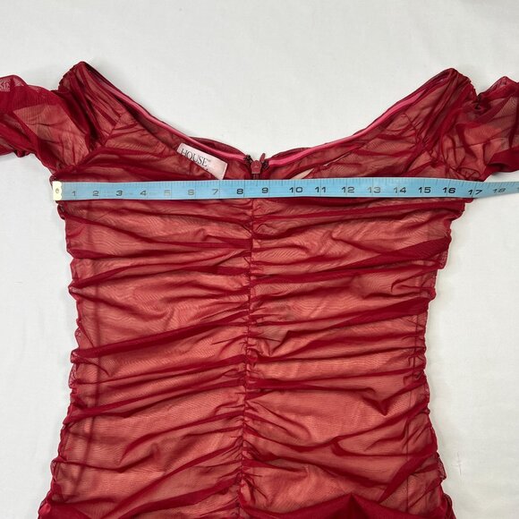 House of CB London Fifi Dress Sheer Ruched Mini Off Shoulder Red Wine Medium - Picture 8 of 16